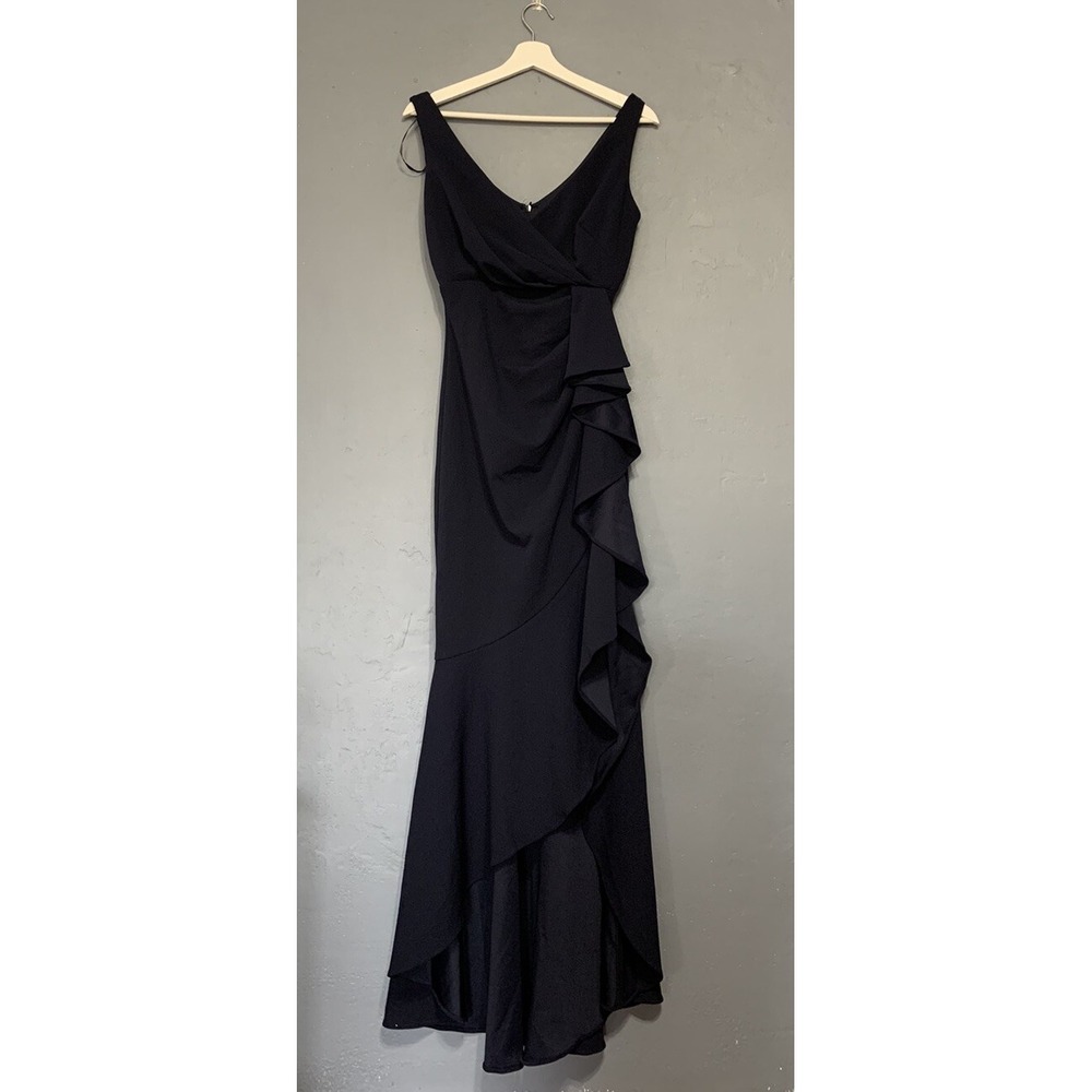 Betsy & Adam Sz 4 Navy Blue Sleeveless Ruffle Hi-Low Evening Gown Formal Dress